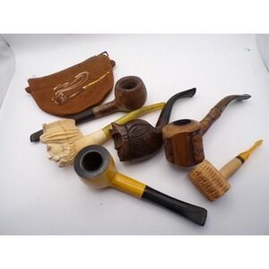 Vintage Collection 6 Smoking Pipes Face Owl Wood Corn Cob Unique 2 Have Cracks
